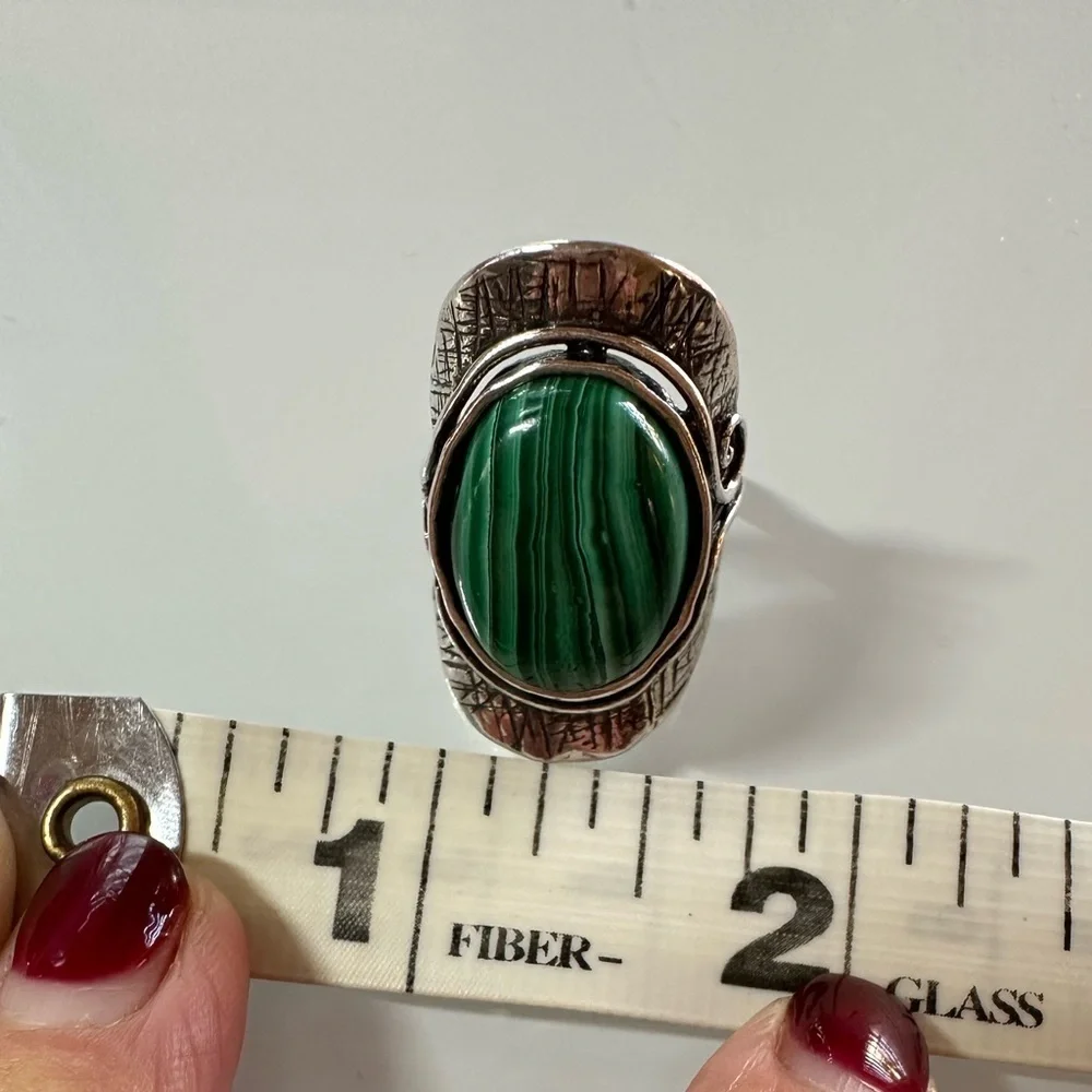 Passage Israel Signed 925 Sterling Silver Malachite Boho Statement Ring Size 6